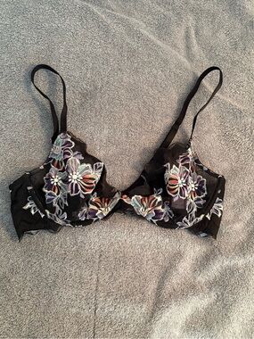 Savage X Fenty Zig Zag Zen Black Embroidered Bralette 34C Underwire Festival